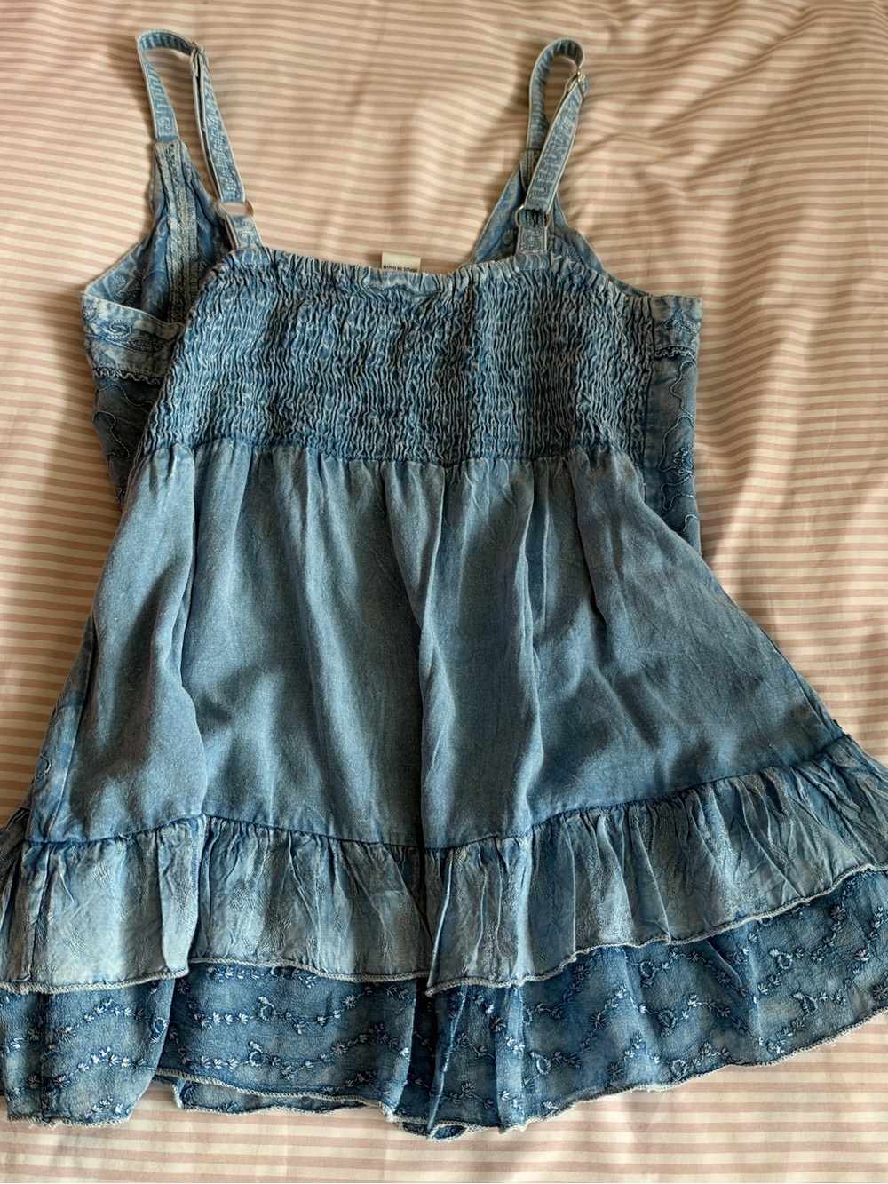 Blue Embroidered Denim-Style Ruffle Dress - Picture 4 of 5